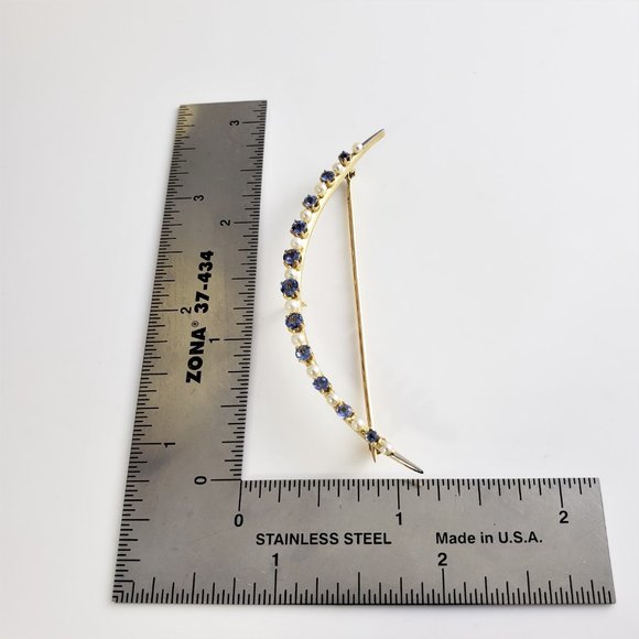 Vintage 14K Yellow Gold Blue Zircon & Pearl Crescent Moon Brooch/Pin GAI #8756 - Picture 7 of 8